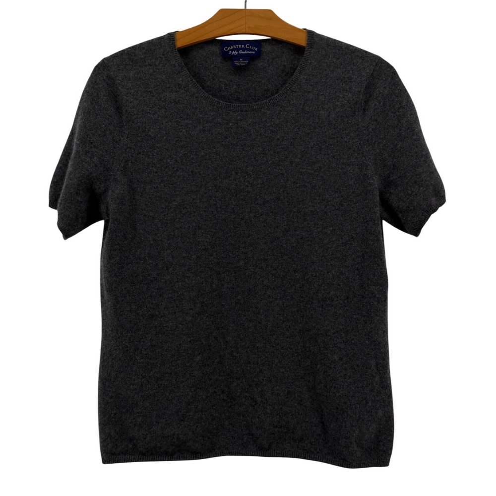 Charter Club Cashmere Short Sleeve Sweater Womens Medium Charcoal Grey Knit Top